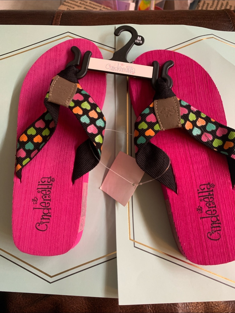 Cinderella Hot Pink Flip Flops with Multicolor Heart Strap